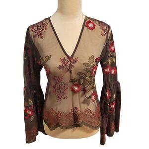 Sheer Brown Floral Embroidered Bell Sleeve Top Whimsigoth Boho Fairycore Size 4